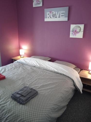sypialnia z łóżkiem z ręcznikiem w obiekcie VICHY -Appartement coquet 2 pièces - Centre ville w mieście Vichy