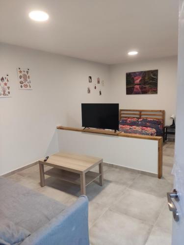 a living room with a couch and a table at Michael's- A Lovely Studio Apartment in Eilat