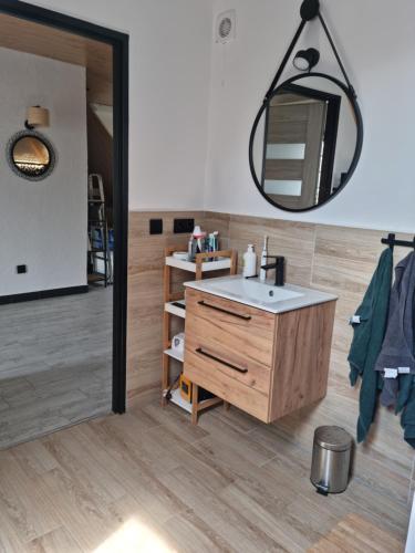 a bathroom with a sink and a mirror at Apartament Nova Kamienica 2 in Łagów