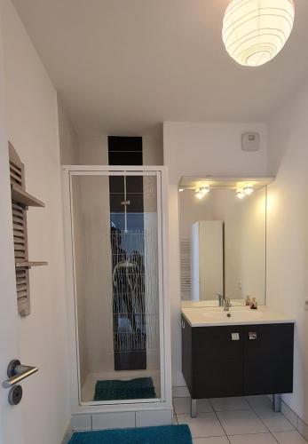 une salle de bain avec un lavabo et un miroir dans l'établissement Appartement devant la plage avec piscine, à Concarneau