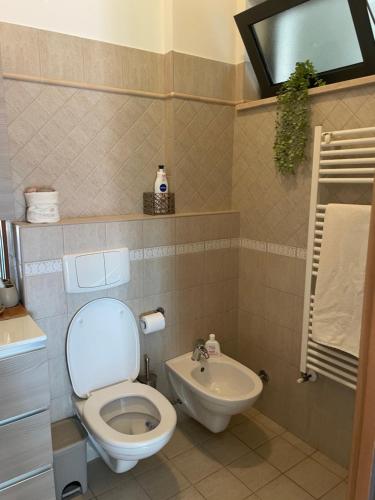 La salle de bains est pourvue de toilettes et d'un lavabo. dans l'établissement Appartamento incantevole con piscina fronte mare, à Pineto