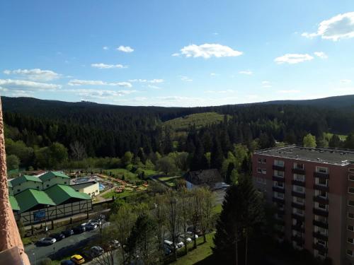 an aerial view of a building and a forest at Ferienwohnung Rapunzel in Altenau