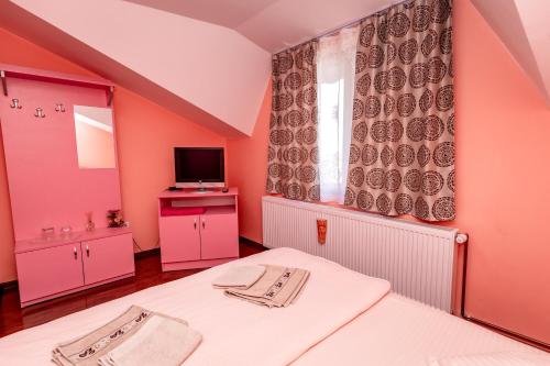 1 dormitorio con 2 camas y TV. en Complex Stefanesti, en Bozovici