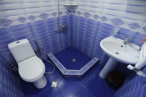 une salle de bain bleue avec des toilettes et un lavabo dans l'établissement Lilia guesthouse, à Sighnaghi