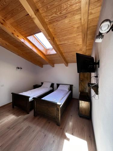a room with two beds and a tv in it at Cabana Mullerhaus in Tău Bistra