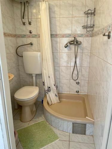 a bathroom with a tub and a toilet and a shower at Studio Apartmani Kremić in Karlobag
