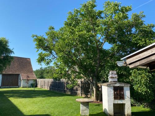 a yard with a tree and a fence at Tschardakenhof Appartements in Lutzmannsburg