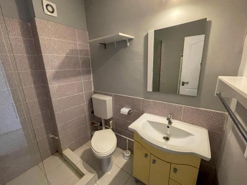 een badkamer met een wastafel, een toilet en een spiegel bij Apartament Hera - ByChoice in Năvodari