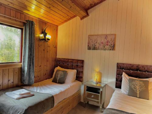 カーマーゼンにあるThe Stag & Squirrel Lodgeのベッドルーム1室(ベッド2台、窓付)