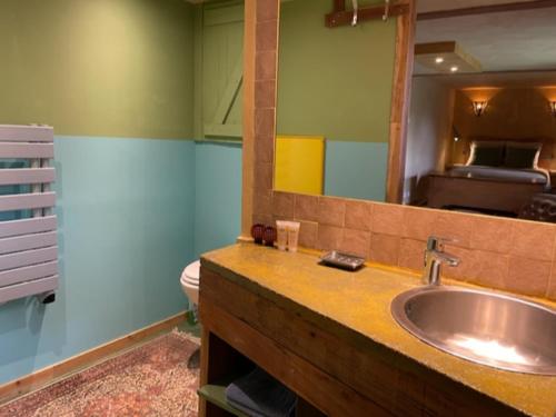 une salle de bain avec un lavabo et un miroir dans l'établissement au rocher de Combières, à Mandailles