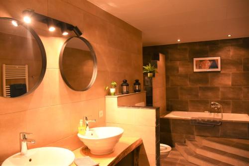 a bathroom with a sink and a mirror and a tub at B&B de Hugt in Ulrum