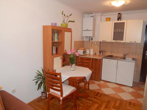 a kitchen with a table with a vase of flowers on it at Apartment Petrova in Zagreb