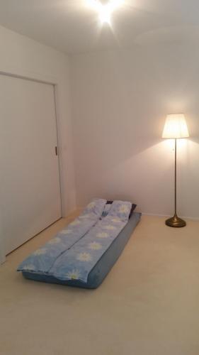 a bed in a white room with a lamp at Gästezimmer in Zurich