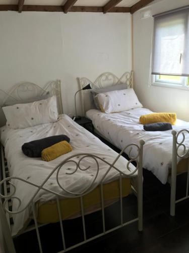 dos camas sentadas una al lado de la otra en un dormitorio en Pheasant Lodge en Builth Wells