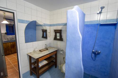 a bathroom with a blue shower and a sink at Secret Garden, a little paradise of tranquility. in Lépidha