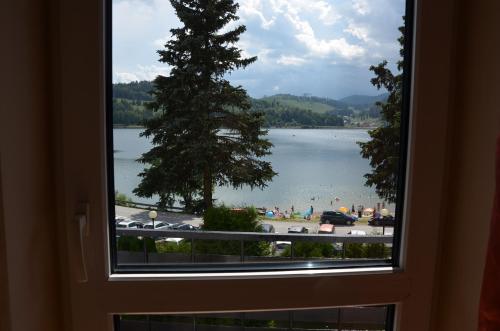 a view of a lake from a window at Hotel Priehrada in Dedinky