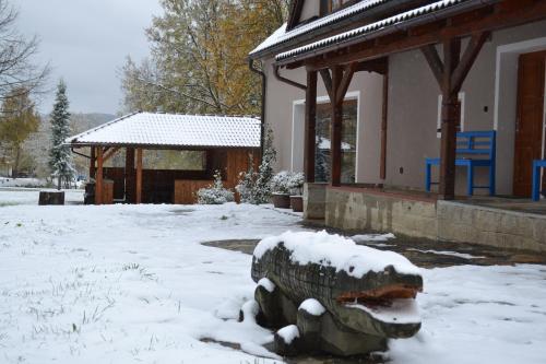 a snow covered statue in front of a building at Mamut in Rozvadov