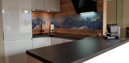 a kitchen with a black counter top in a room at ALMI - Alpenglück Traumhafte Whg.m.20qm Dachterr. in Oberstaufen