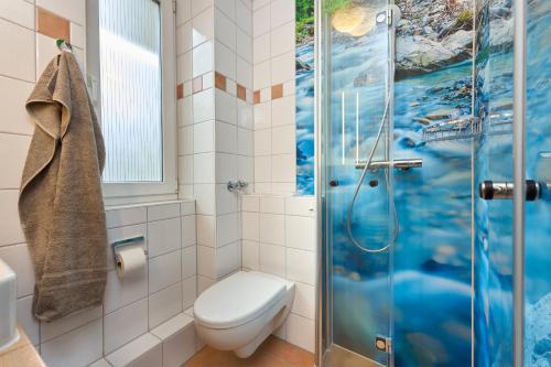 a bathroom with a toilet and a shower at Thermen Appartements Gabriela, Appartement 24 qm in Bad Krozingen