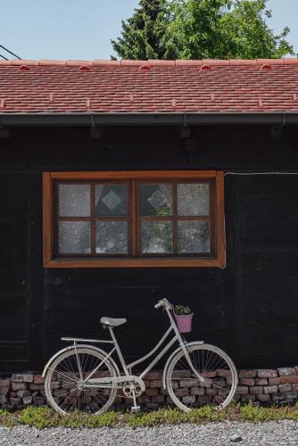a bike parked in front of a black house at Studio Apartment Romeo in Velika Gorica
