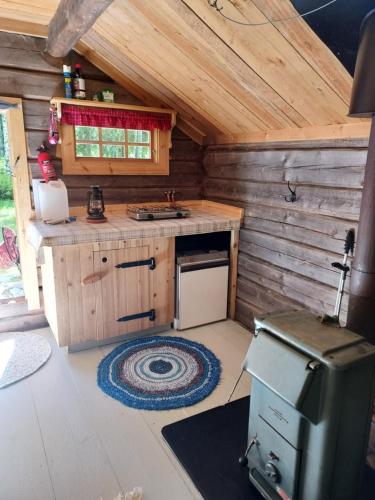 a kitchen with a sink and a stove in a cabin at The Old Logging Camp in Yttermalung