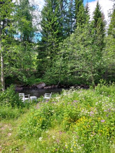 two white chairs sitting in a field next to a river at The Old Logging Camp in Yttermalung