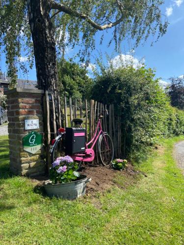 a pink bike parked next to a fence at Ô Macra House - Aubel, Pays de Herve in Aubel
