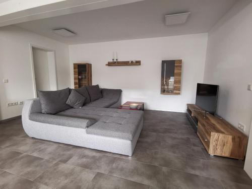 ein Wohnzimmer mit einem Sofa und einem Flachbild-TV in der Unterkunft Moderne Wohnung mit Terrasse und eigenem Zugang. in Remscheid