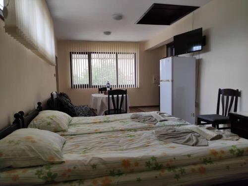 1 dormitorio con 2 camas, nevera y mesa en Studio Oasis-shabla en Shabla