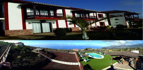 dos fotos de una casa y una piscina en Apartamentos Fuente La Teja & Spa, en Los Llanos de Aridane