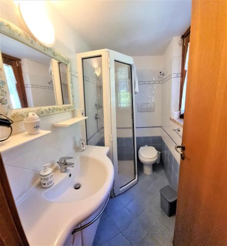 a bathroom with a sink and a shower and a toilet at VILLA CECILIA sul LAGO fronte MARE in Sperlonga