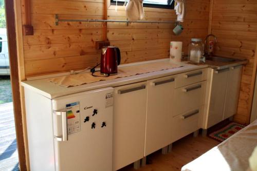 una cucina con bancone e frigorifero di V dedine a predsa mimo nej v maringotke na samote a Dechtice