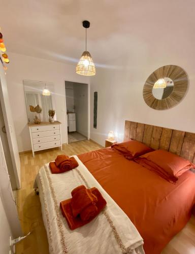 a bedroom with a bed with orange sheets and a mirror at Appartement Cosy 1 chambre pour 2 pers - rénové - terrasse - parking in Dinard