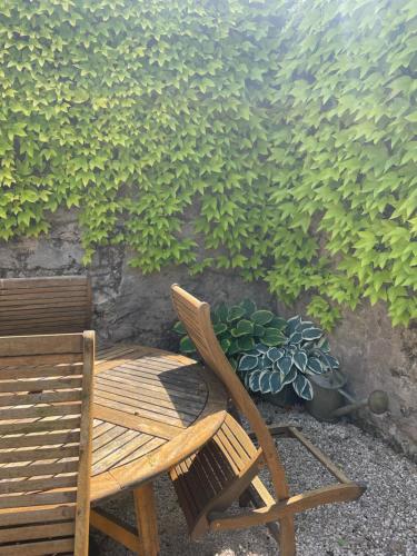 a wooden chair and a table and a plant at Le moulin de l Epine in Taintrux