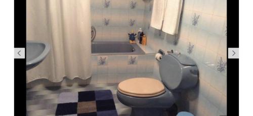 a bathroom with a toilet and a bath tub at KOUMANS RESIDENCE AKOUMIA-TRIOPETRA in Akoumia