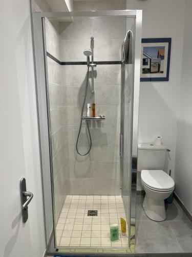 La salle de bains est pourvue d'une cabine de douche et de toilettes. dans l'établissement Le coquillage magique, à Granville