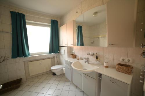 a bathroom with a sink and a toilet and a mirror at Yeti Lux - Family Garden Lodge in Garmisch-Partenkirchen