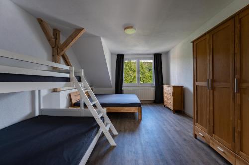 a bedroom with a bunk bed and a ladder at Ferienwohnung am Steinbach 2 in Thale