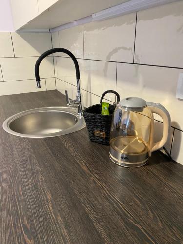 a kitchen counter with a sink and a tea kettle at Apartments Dora Sveti Martin na Muri in Sveti Martin na Muri
