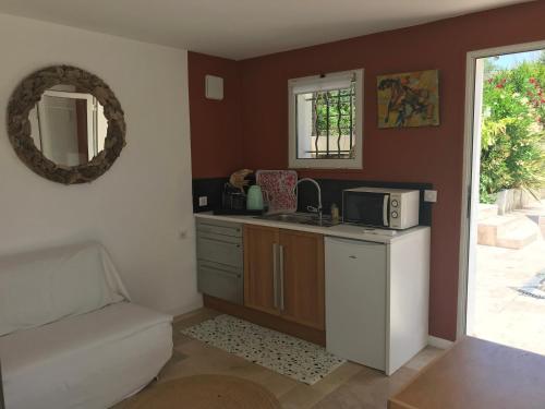 eine kleine Küche mit einer Spüle und einer Mikrowelle in der Unterkunft les Chambres d'Amis in Sanary-sur-Mer