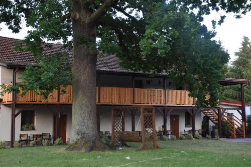 a building with a deck and a tree at Gosciniec Pod Debem in Trzciel