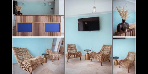 three different views of a living room with a tv and chairs at PoluX in Vama Veche