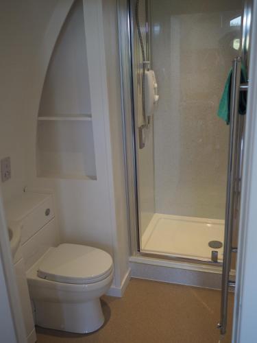 a bathroom with a toilet and a shower at Ptarmigan in Nethy Bridge