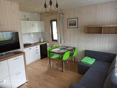a kitchen and living room with a table and green chairs at Domki-Apartamenty Hals in Władysławowo
