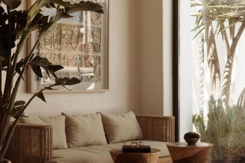 a living room with a couch and a plant at Asty Mykonos Hotel & Spa - World of One Hotel Group in Mýkonos City