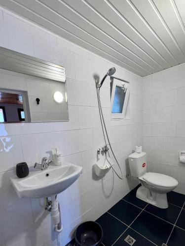 a white bathroom with a sink and a toilet at Alexander in Shkorpilovtsi