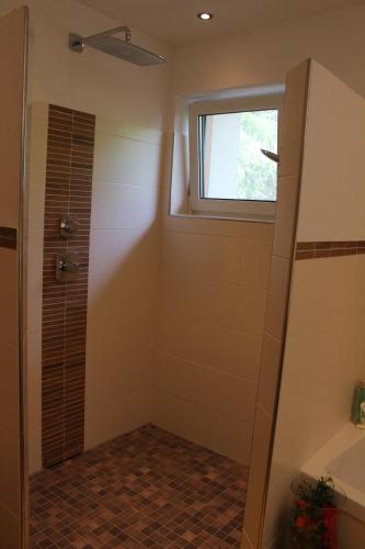 a bathroom with a shower and a window at Mountain-View in Ramsau am Dachstein