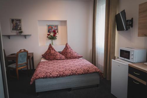 a bedroom with a bed with red pillows and a tv at Hotel Apartment Faraon in Rumburk