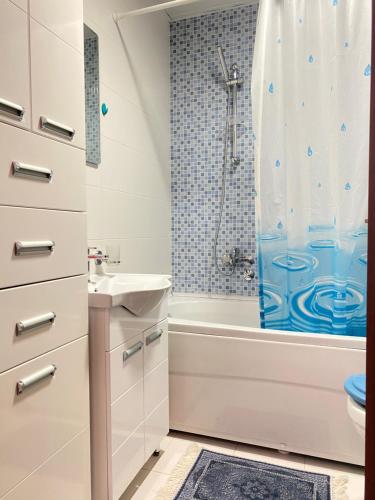 La salle de bains est pourvue d'une baignoire, d'un lavabo et d'une douche. dans l'établissement Apartman Vesna City 2. PG, à Podgorica