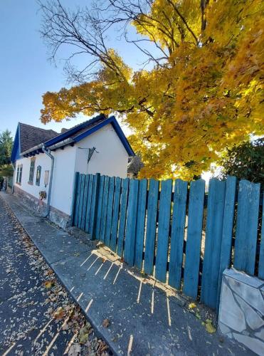 a blue fence in front of a white house at Erdőszéli Vendégház Zebegény in Zebegény